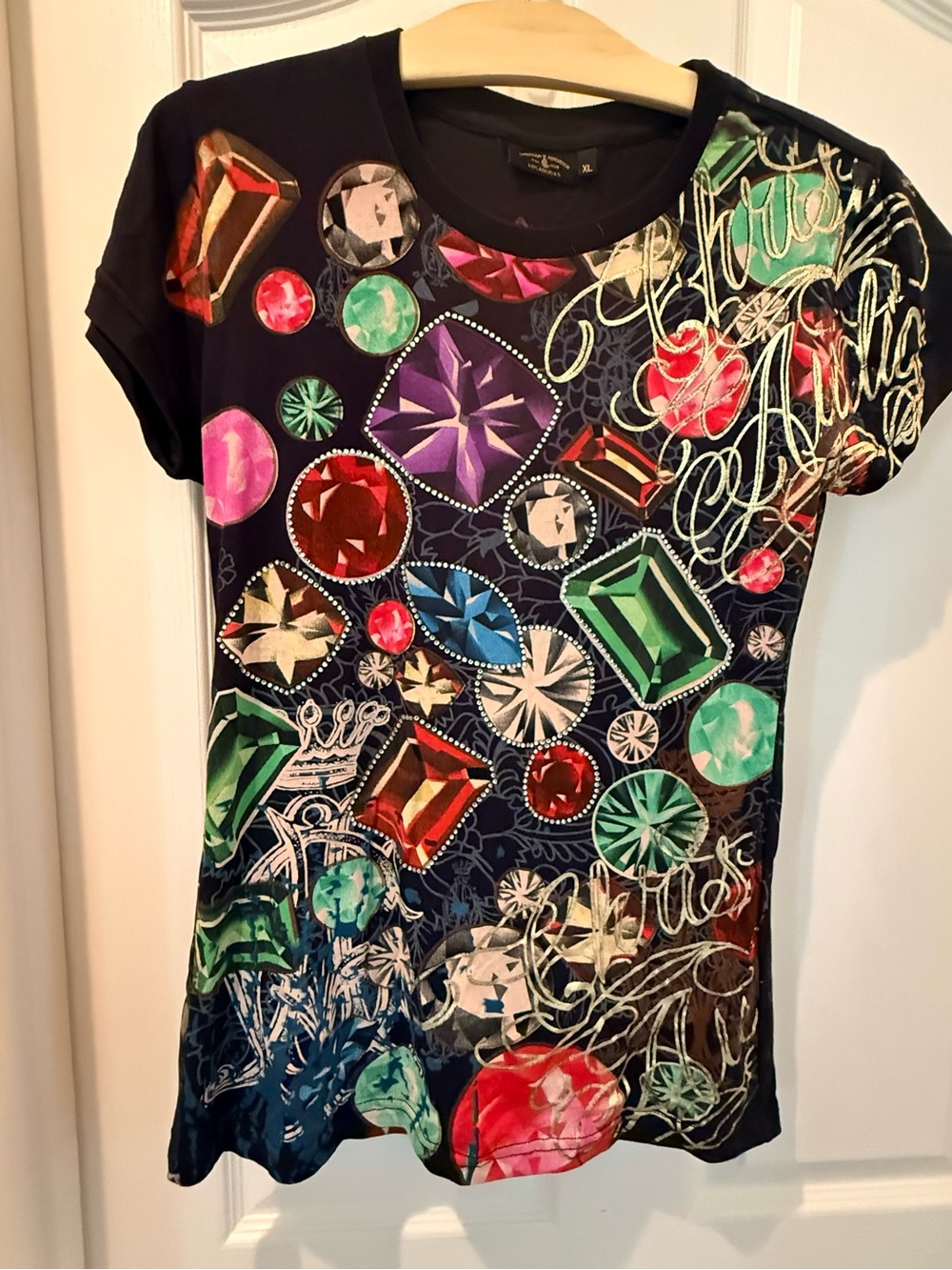 Christian Audigier Y2K Black Gemstone Print Tee with rhinestones stones